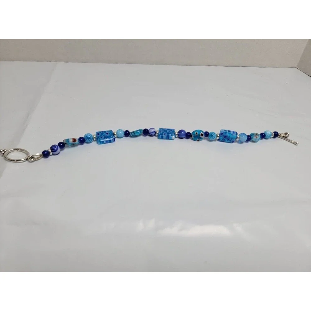 Blue Millefiori Style Beaded Bracelet Silver Tone Toggle Clasp Boho Jewelry